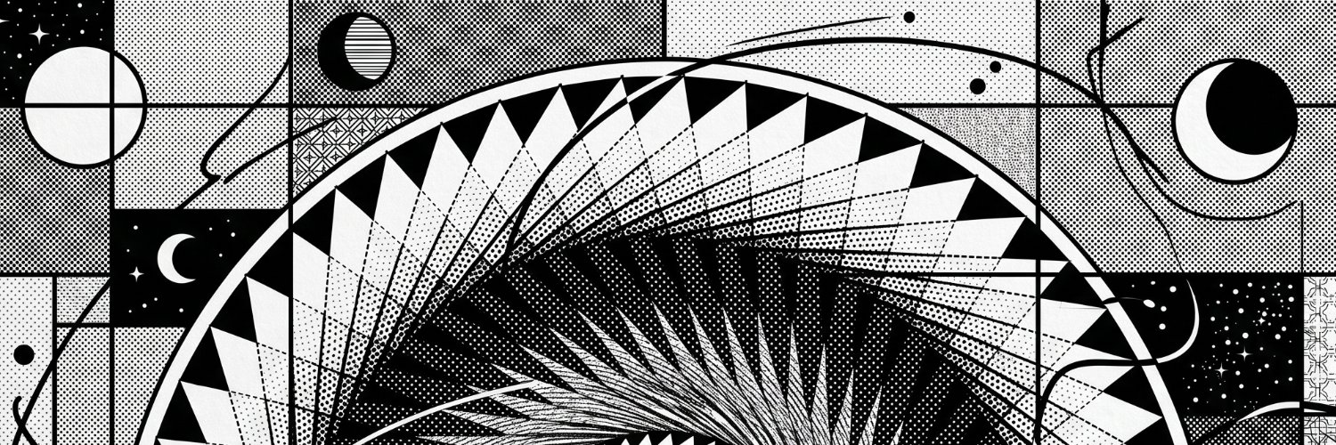 A great rosette of triangles opening across a field of stars, crescent moons, halftone grids and orbital arcs, drawn in black and white.